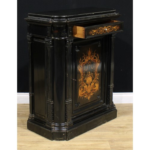 2158 - A pair of 19th century Continental ebonised and marquetry pier cabinets, each with a concave moulded... 