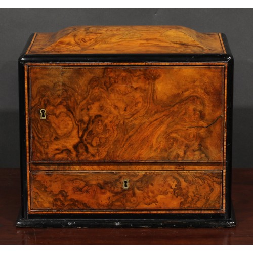 1941 - A Victorian burr walnut table-top work box, sarcophagus cresting above a revolving compartment and a... 