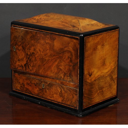 1941 - A Victorian burr walnut table-top work box, sarcophagus cresting above a revolving compartment and a... 