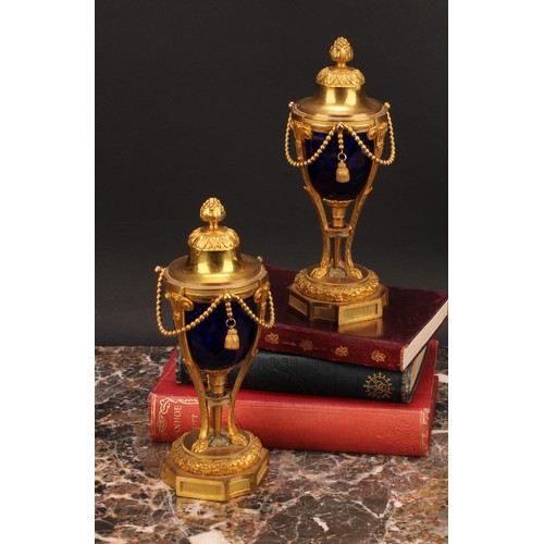 2183 - A pair of 19th century French ormolu and blue glass cassolettes, by Henry Dasson, acanthus bud finia... 