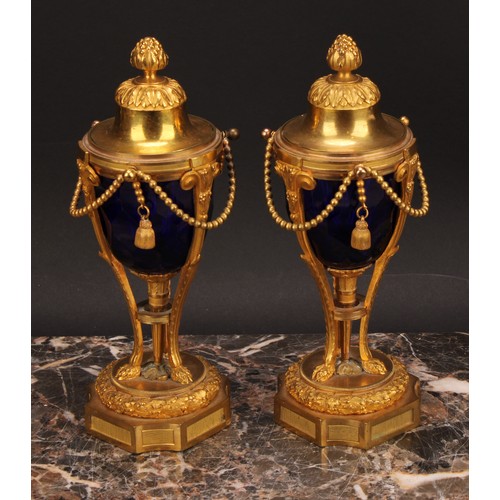 2183 - A pair of 19th century French ormolu and blue glass cassolettes, by Henry Dasson, acanthus bud finia... 