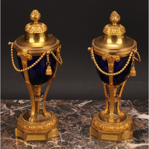 2183 - A pair of 19th century French ormolu and blue glass cassolettes, by Henry Dasson, acanthus bud finia... 