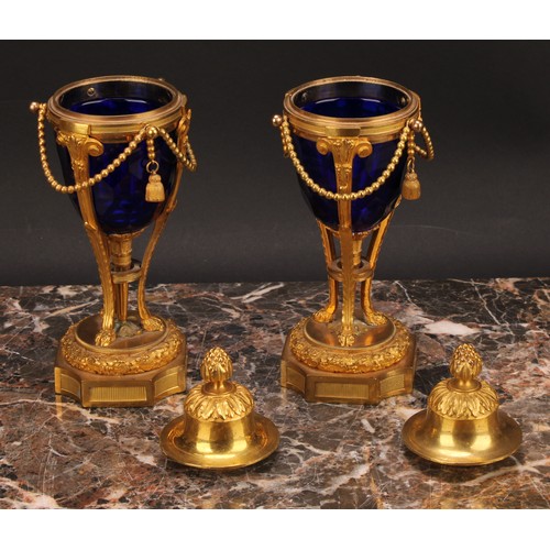 2183 - A pair of 19th century French ormolu and blue glass cassolettes, by Henry Dasson, acanthus bud finia... 