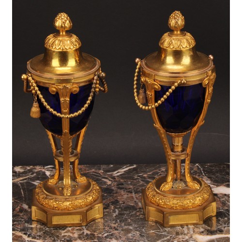 2183 - A pair of 19th century French ormolu and blue glass cassolettes, by Henry Dasson, acanthus bud finia... 