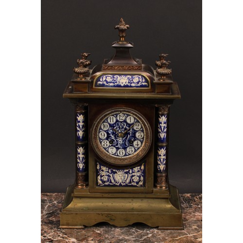 2248 - A late 19th century French porcelain mounted gilt brass architectural mantel clock, the 9cm circular... 