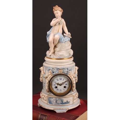 2250 - A 19th century French Louis XVI style porcelain mantel clock, 7.5cm white enamel dial inscribed with... 