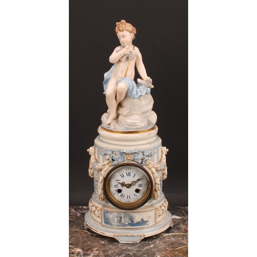 2250 - A 19th century French Louis XVI style porcelain mantel clock, 7.5cm white enamel dial inscribed with... 