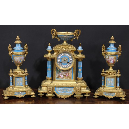 2251 - A 19th century French ormolu and porcelain clock garniature, in the Louis XVI Revival taste, 9cm dia... 