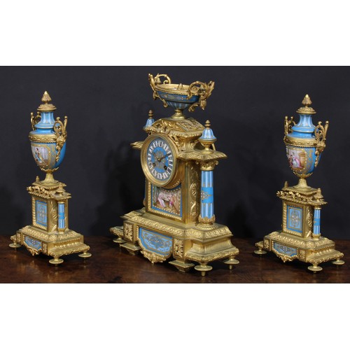 2251 - A 19th century French ormolu and porcelain clock garniature, in the Louis XVI Revival taste, 9cm dia... 