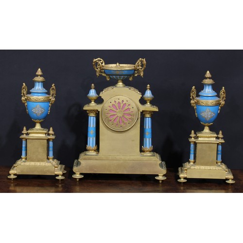 2251 - A 19th century French ormolu and porcelain clock garniature, in the Louis XVI Revival taste, 9cm dia... 