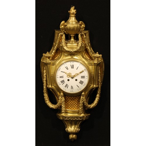 2253 - A late 19th century French Louis XVI Revival gilt bronze cartel wall clock, 15.5cm circular enamel i... 