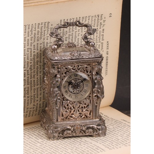 2255 - A 19th century French silver plated miniature carriage timepiece, 2.5cm clock dial inscribed with Ro... 