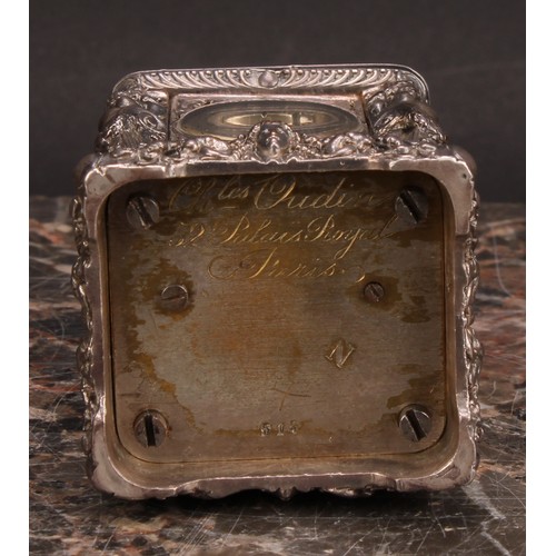 2255 - A 19th century French silver plated miniature carriage timepiece, 2.5cm clock dial inscribed with Ro... 