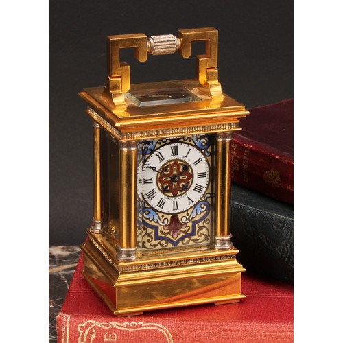 2256 - A French parcel-silvered gilt brass and champleve enamel miniature carriage timepiece, 3cm clock dia... 