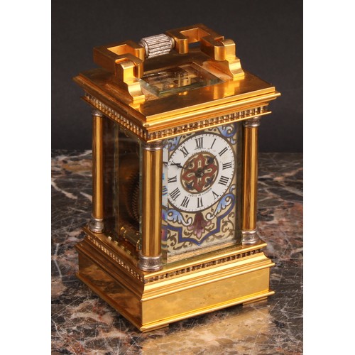 2256 - A French parcel-silvered gilt brass and champleve enamel miniature carriage timepiece, 3cm clock dia... 