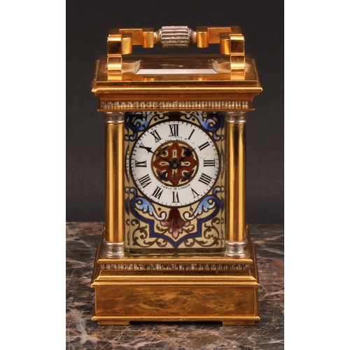 2256 - A French parcel-silvered gilt brass and champleve enamel miniature carriage timepiece, 3cm clock dia... 