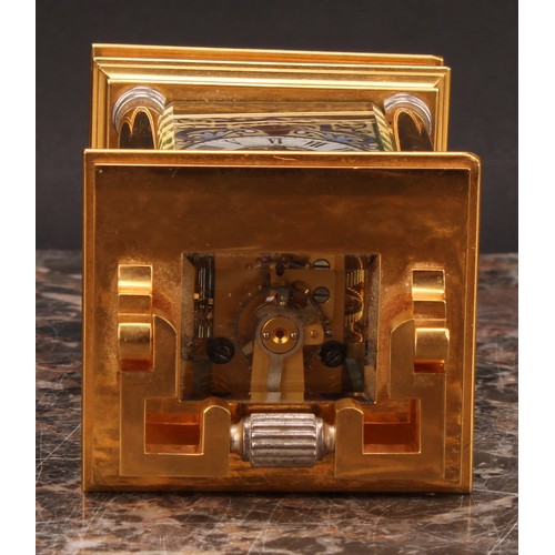 2256 - A French parcel-silvered gilt brass and champleve enamel miniature carriage timepiece, 3cm clock dia... 