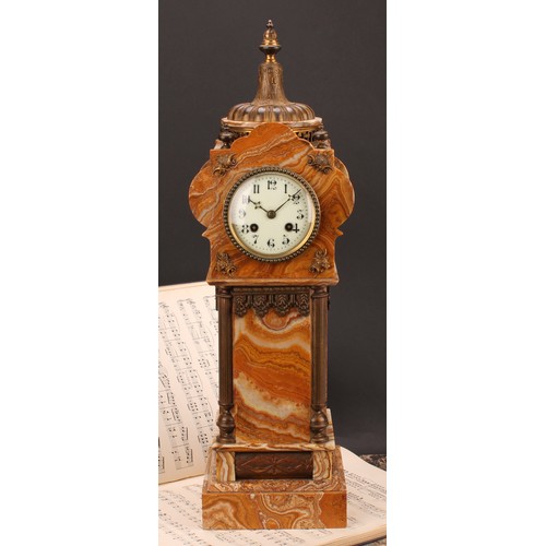 2258 - A late 19th century gilt metal mounted onyx tower-form architectural library clock, 8.5cm enamel dia... 