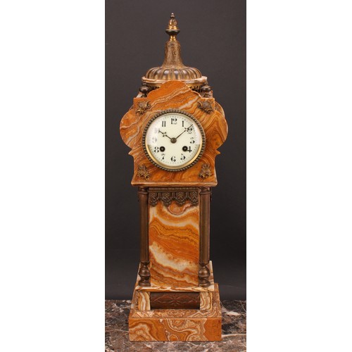 2258 - A late 19th century gilt metal mounted onyx tower-form architectural library clock, 8.5cm enamel dia... 