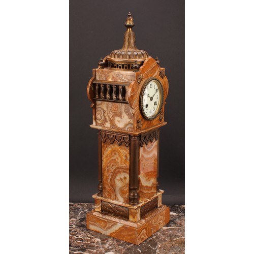 2258 - A late 19th century gilt metal mounted onyx tower-form architectural library clock, 8.5cm enamel dia... 