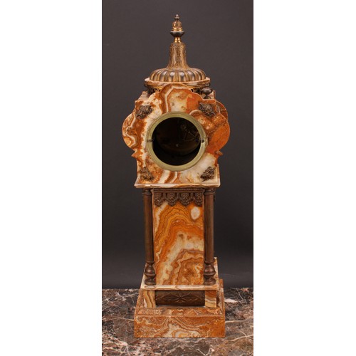 2258 - A late 19th century gilt metal mounted onyx tower-form architectural library clock, 8.5cm enamel dia... 