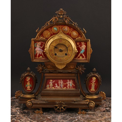 2260 - A French Etruscan Revival gilt bronze and porcelain mounted mantel clock, 8.5cm dial with Roman nume... 