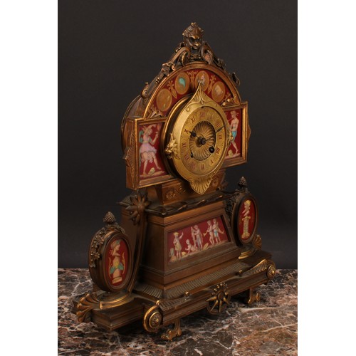 2260 - A French Etruscan Revival gilt bronze and porcelain mounted mantel clock, 8.5cm dial with Roman nume... 