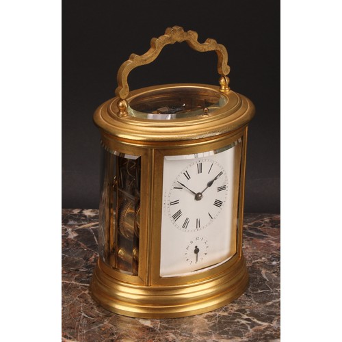 2261 - A late 19th century gilt brass oval repeating alarum carriage clock, 7cm enamel dial with Roman nume... 