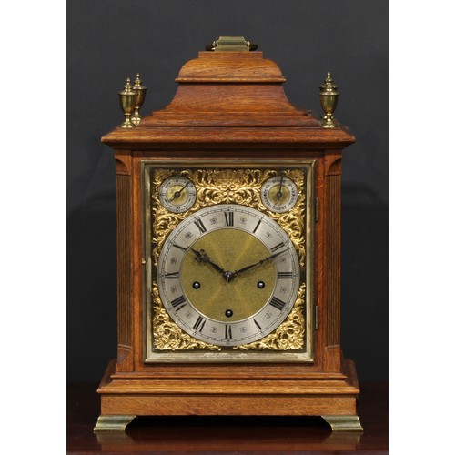 2262 - A George II Revival oak musical bracket clock, 19cm rectangular brass dial withg silvered chapter ri... 