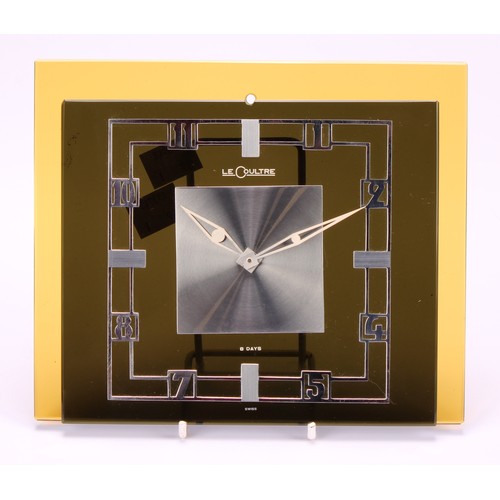 2266 - A Jaeger Le Coultre Art Deco clock, black glass rectangular dial applied with chrome Arabic numerals... 