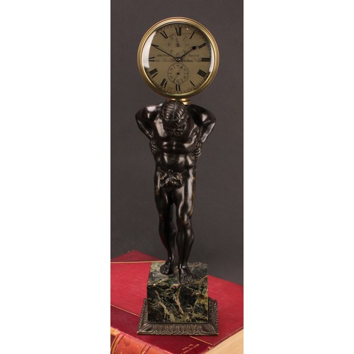 2269 - A a dark patinated bronze figural clock, Atlas, Arnold & Dent, 84, Strand London, marble cube base