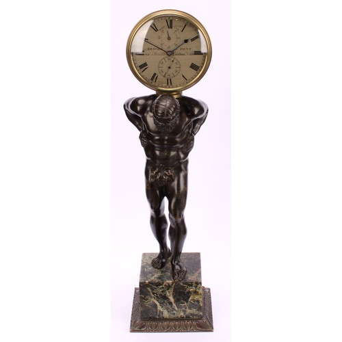 2269 - A a dark patinated bronze figural clock, Atlas, Arnold & Dent, 84, Strand London, marble cube base