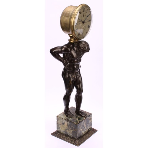 2269 - A a dark patinated bronze figural clock, Atlas, Arnold & Dent, 84, Strand London, marble cube base