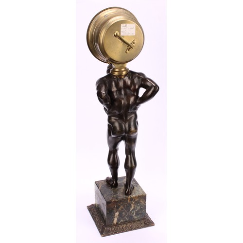 2269 - A a dark patinated bronze figural clock, Atlas, Arnold & Dent, 84, Strand London, marble cube base