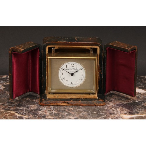 2270 - An early 20th century lacquered brass carriage timepiece, 4cm circular enamel dial inscribed S Smith... 