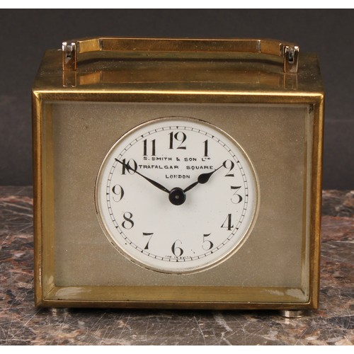 2270 - An early 20th century lacquered brass carriage timepiece, 4cm circular enamel dial inscribed S Smith... 