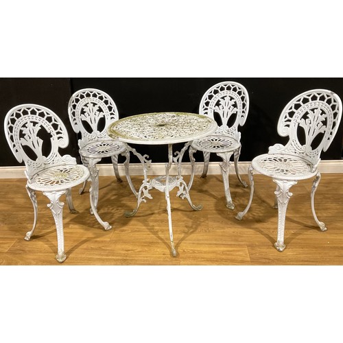 105 - A 19th century style aluminium garden suite comprising a tripod table and four chairs (5)