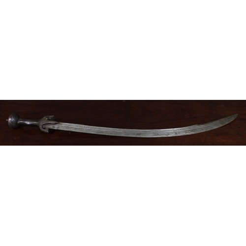 1497 - A 19th century Indian talwar, 72cm curved fullered blade with armourer’s mark, steel hilt with lotus... 