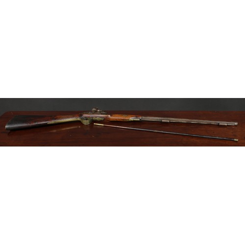 1506 - An early 19th century flintlock sporting rifle, 66.5cm barrel, engraved lock plate, brass trigger gu... 