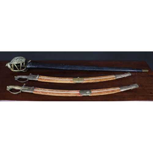 1502 - A French sword, in 18th century style but later, 86cm straight fullered blade, substantial brass bas... 