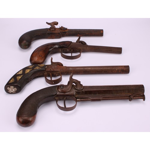 1500 - A 19th century percussion belt pistol, 13.5cm octagonal barrel, integral ramrod, chequered grip, 23c... 