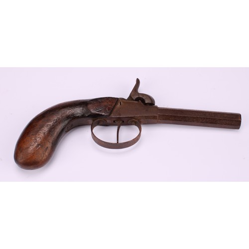 1500 - A 19th century percussion belt pistol, 13.5cm octagonal barrel, integral ramrod, chequered grip, 23c... 