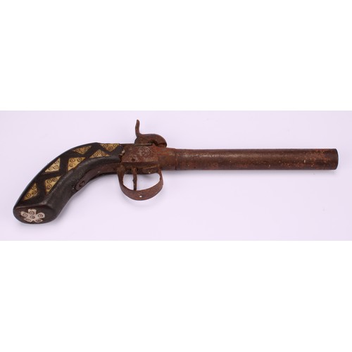 1500 - A 19th century percussion belt pistol, 13.5cm octagonal barrel, integral ramrod, chequered grip, 23c... 