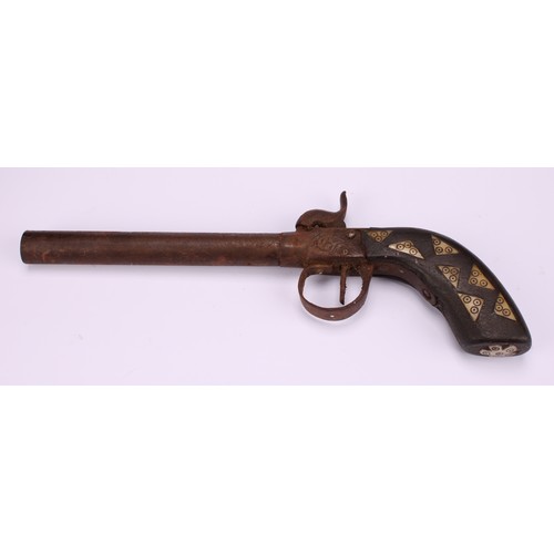 1500 - A 19th century percussion belt pistol, 13.5cm octagonal barrel, integral ramrod, chequered grip, 23c... 