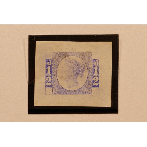 1231 - Stamps - QV 1871 1/2d Ormond Hill die proof, very fine example with void corner letters printed in b... 