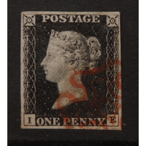 1216 - Stamps - GB QV 1840 1d Black, SG: 2, plate 4, red MX, four good margins, lettered IE, nice clear pro... 