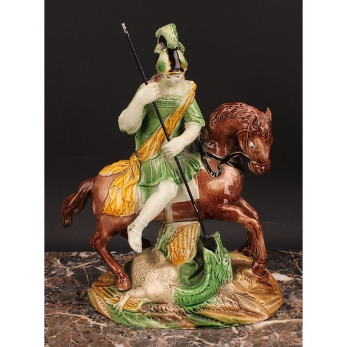 107 - A Staffordshire pearlware figure group, of George and the Dragon, George upon horse spearing the dra... 