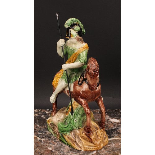 107 - A Staffordshire pearlware figure group, of George and the Dragon, George upon horse spearing the dra... 