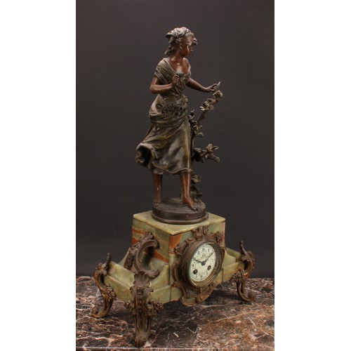 2470 - An early 20th century French spelter mounted onyx mantel clock, 7.5cm enamel dial inscribed with Ara... 