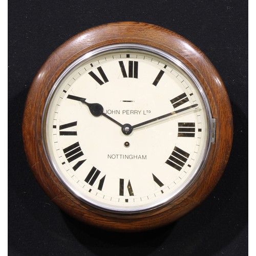 2494 - An early 20th century oak school or railway type timepiece, 29cm clock dial inscribed John Perry Ltd... 